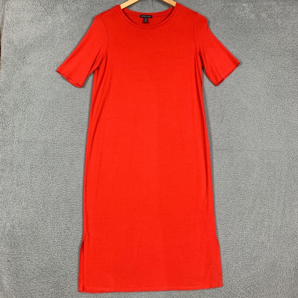 Eileen Fisher T-Shirt Dress Size XS Red Fine Jersey Crew Neck Short Sleeve Midi